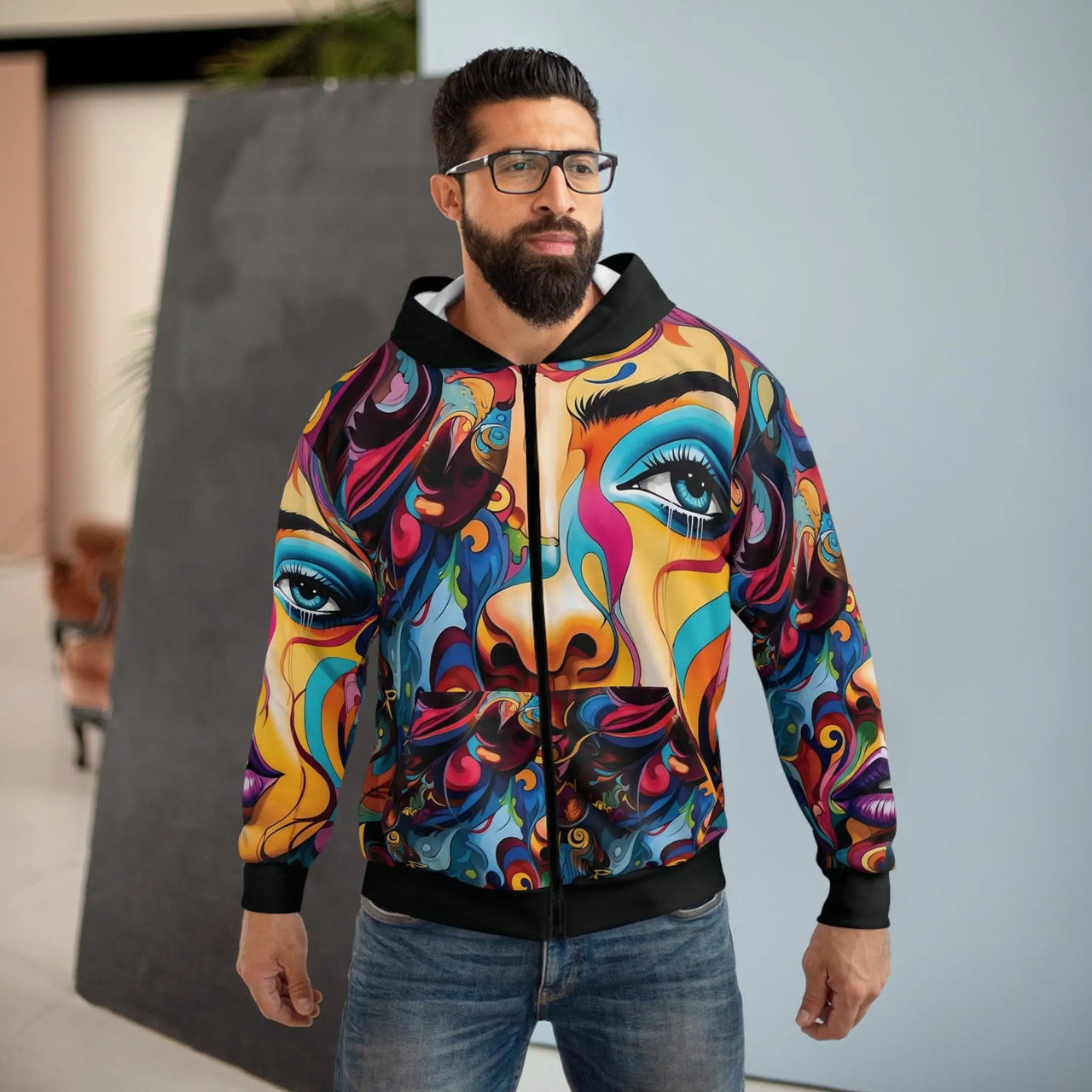 a man with a beard wearing a colorful jacket