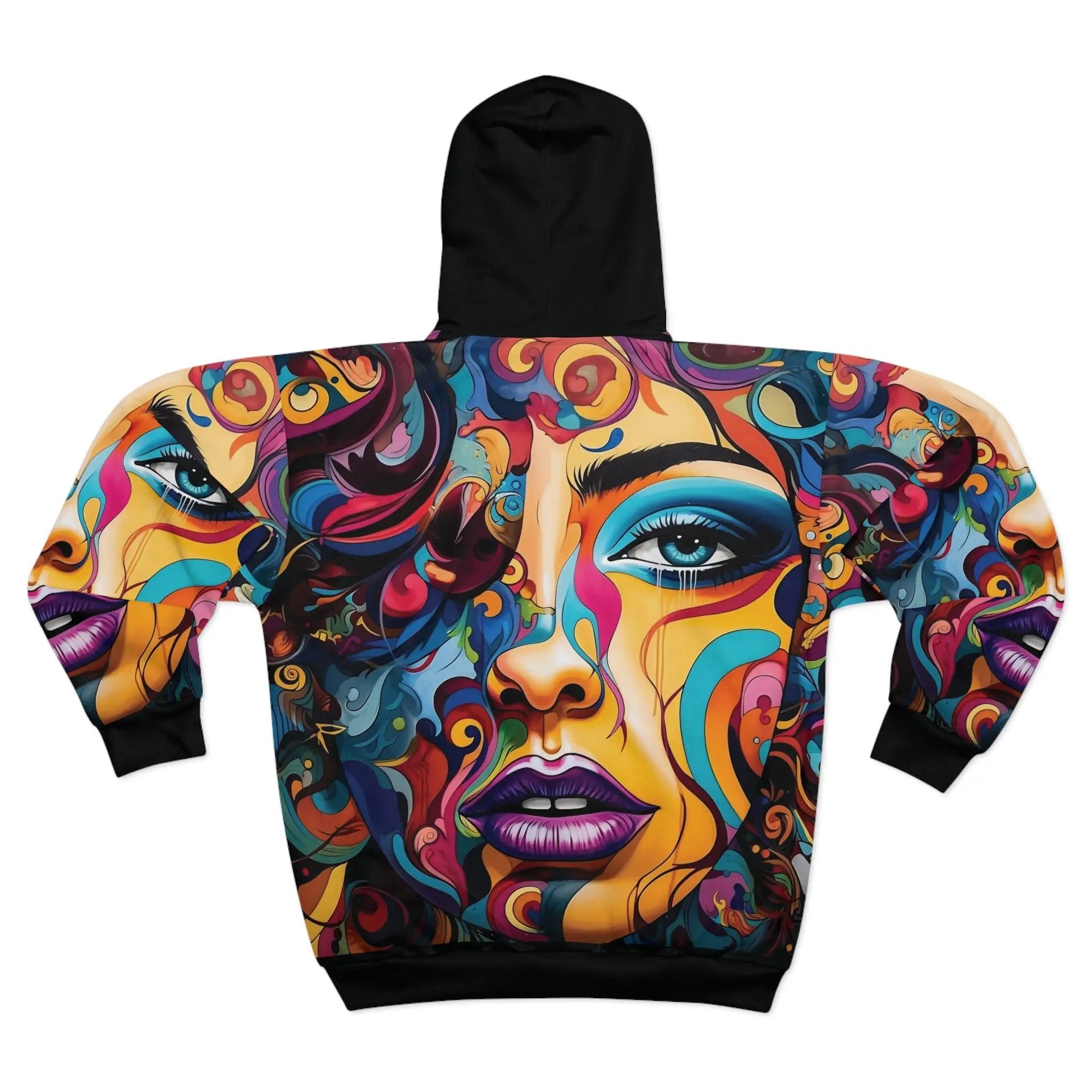 a colorful sweatshirt with a woman's face painted on it