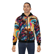 a man wearing a colorful jacket with a dog's face on it