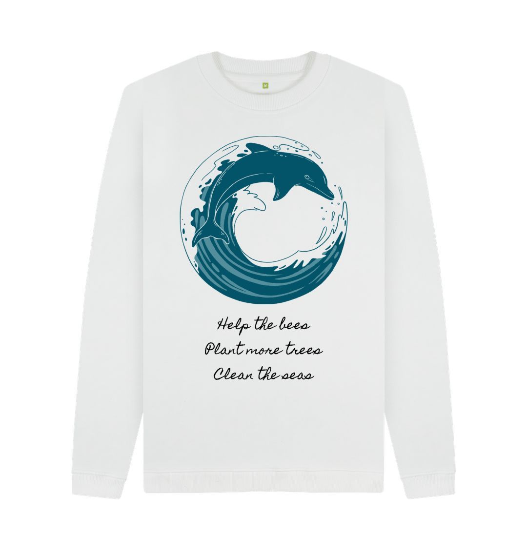 White dolphin crewneck sweatshirt with eco-friendly message