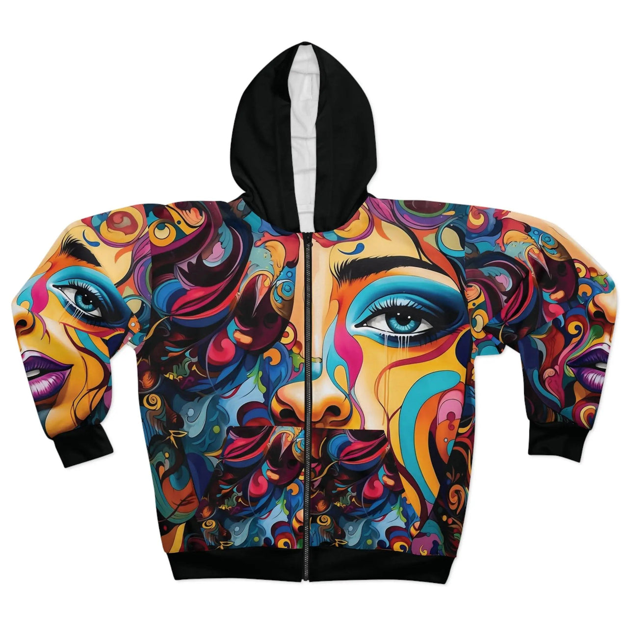 a colorful zip up hoodie with an image of a woman's face