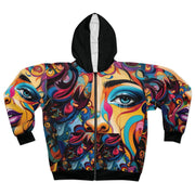 a colorful zip up hoodie with an image of a woman's face