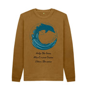 Brown dolphin crewneck sweatshirt with eco-friendly message