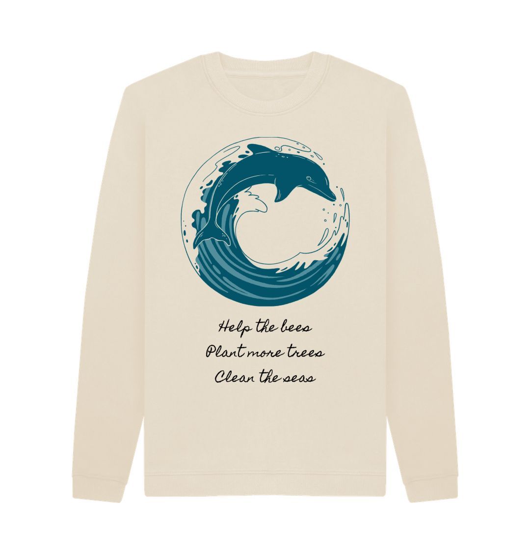 Beige dolphin crewneck sweatshirt with eco-friendly message