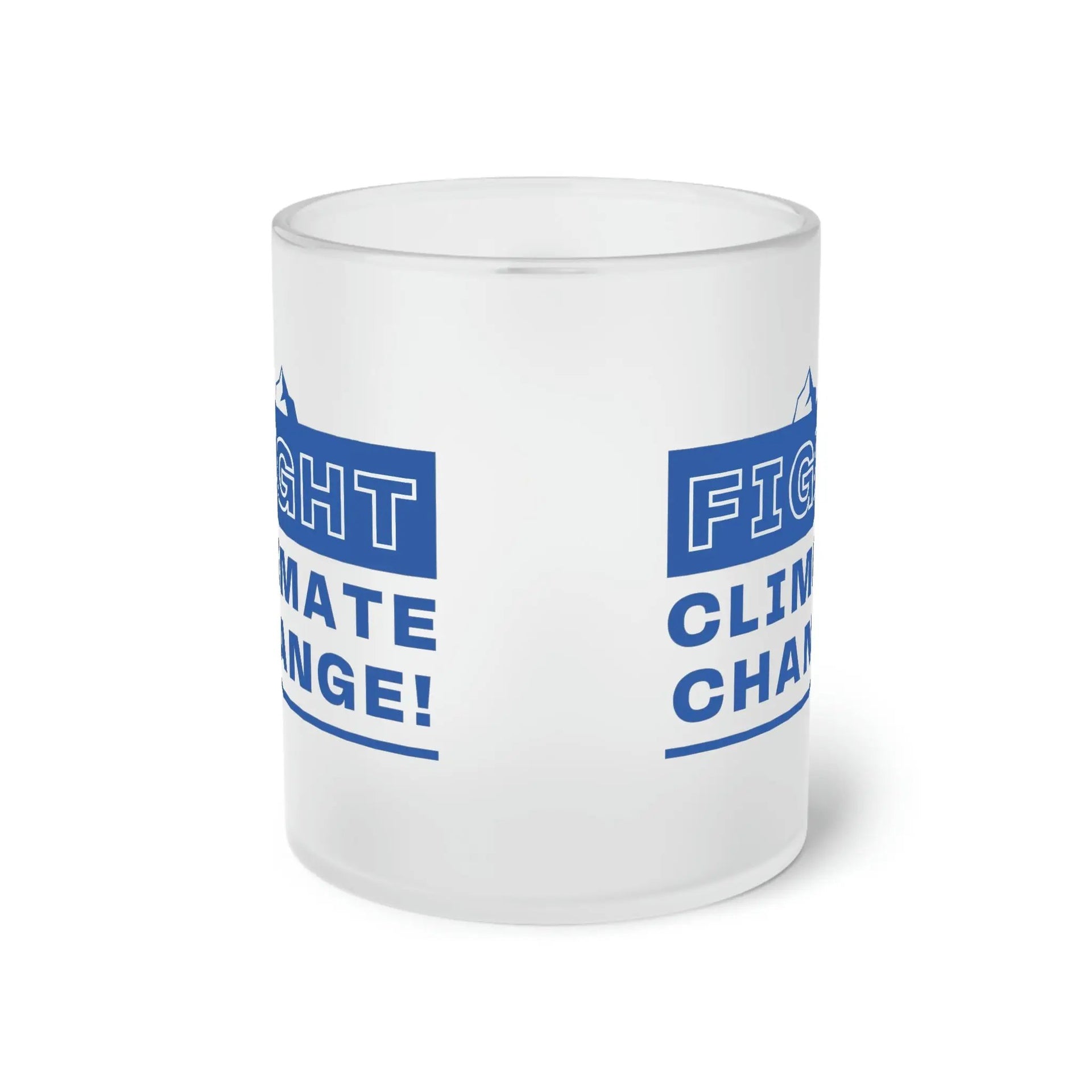 Frosted glass mug with 'Fight Climate Change' design.