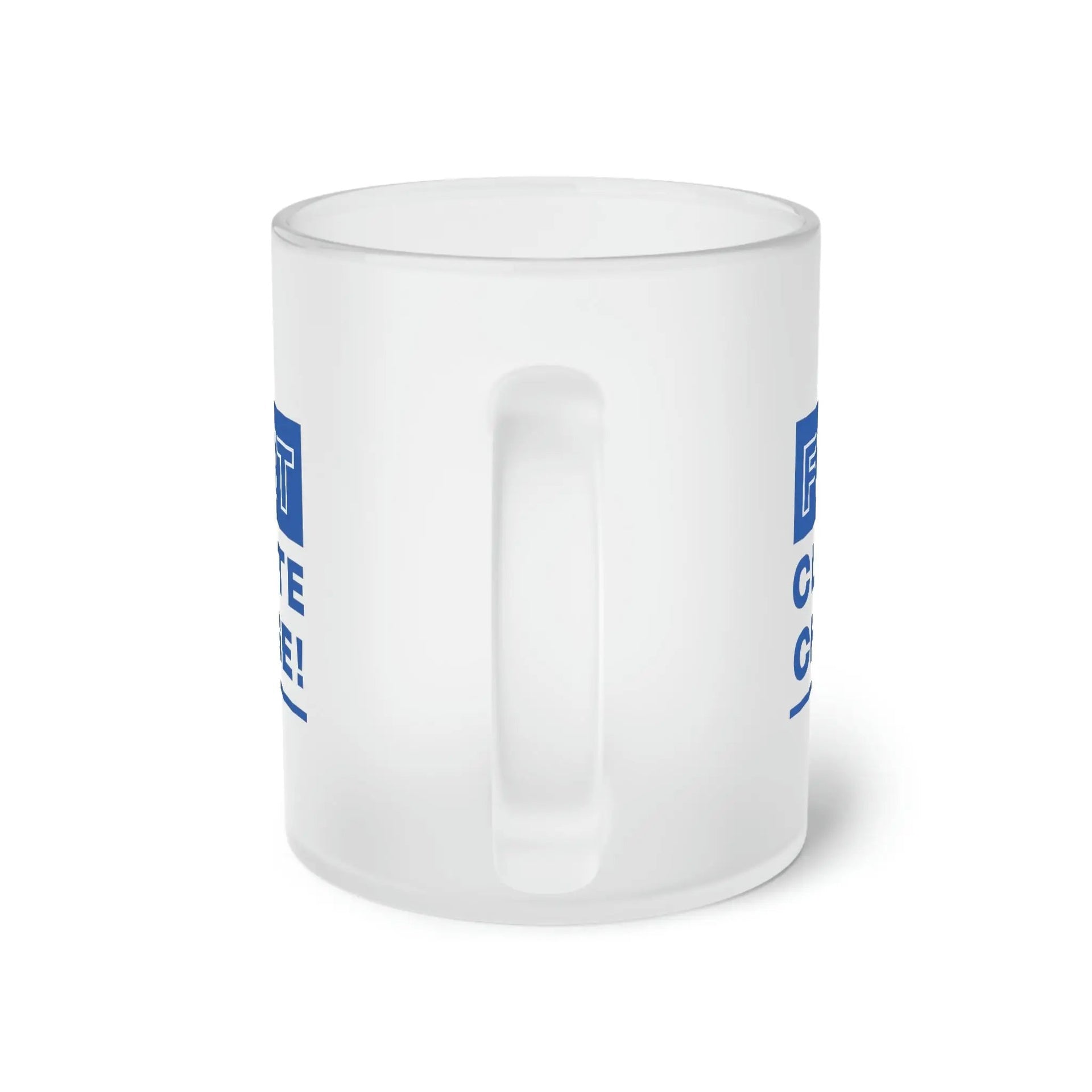 Side view of frosted glass mug with handle.