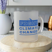 Kitchen setting with frosted mug, 'Fight Climate Change'.