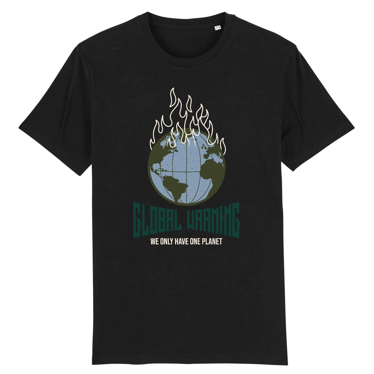 Black t-shirt with global warming message and earth graphic