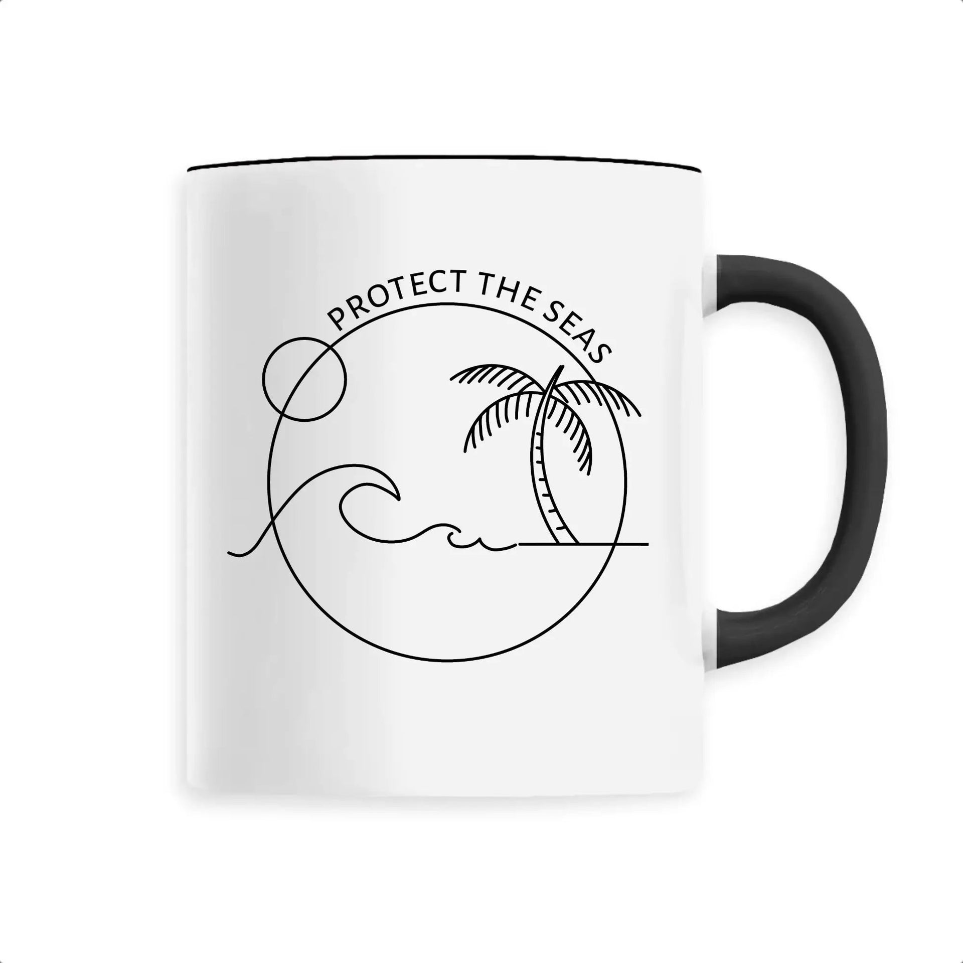 Eco-friendly mug with black handle, 'Protect the Seas' design