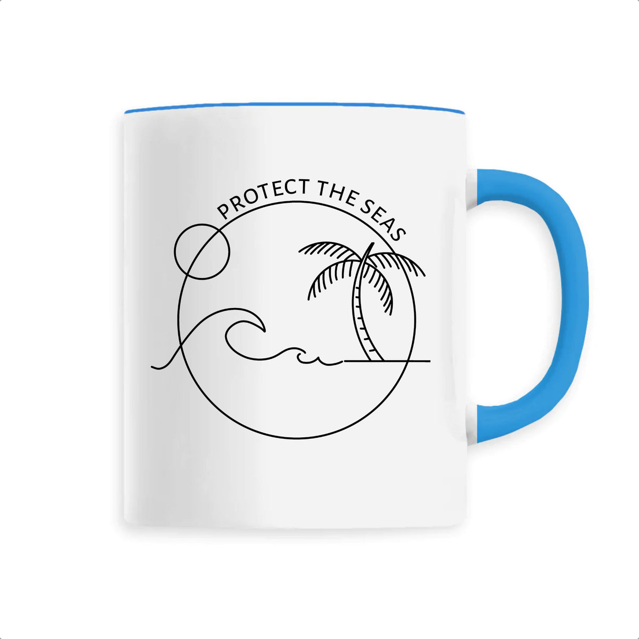 Eco-friendly mug with blue handle, 'Protect the Seas' design