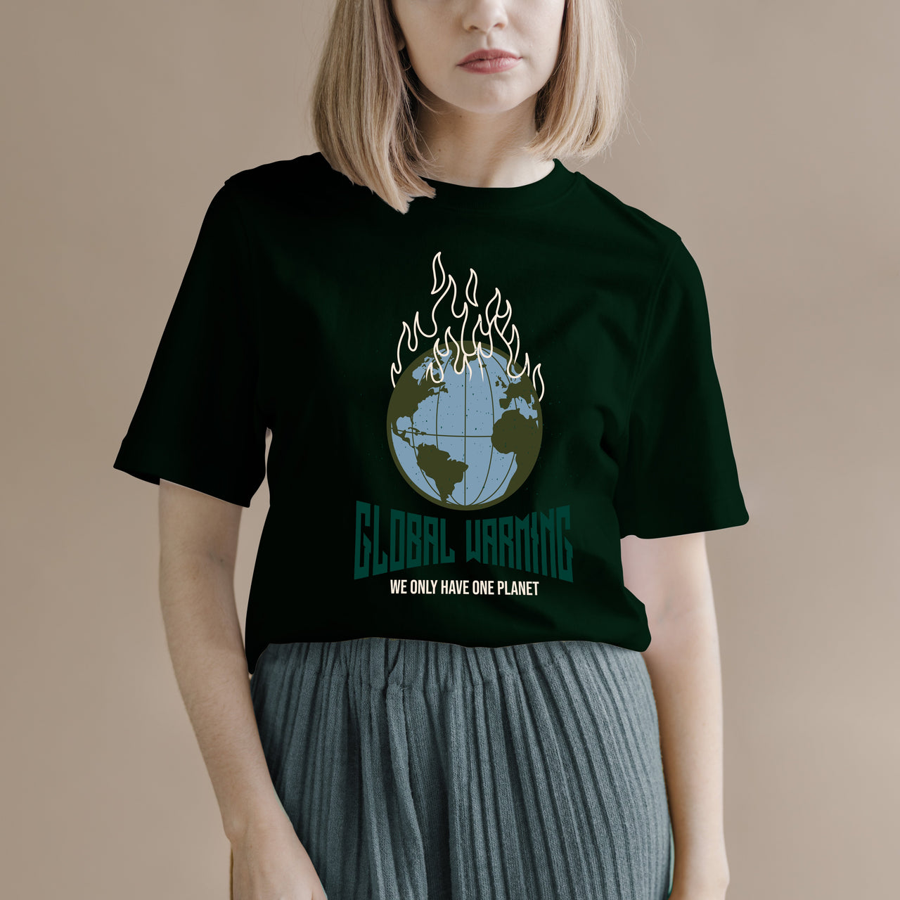 Woman wearing black t-shirt with global warming message