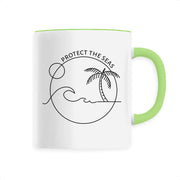 Eco-friendly mug with green handle, 'Protect the Seas' design