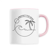 Eco-friendly mug with pink handle, 'Protect the Seas' design