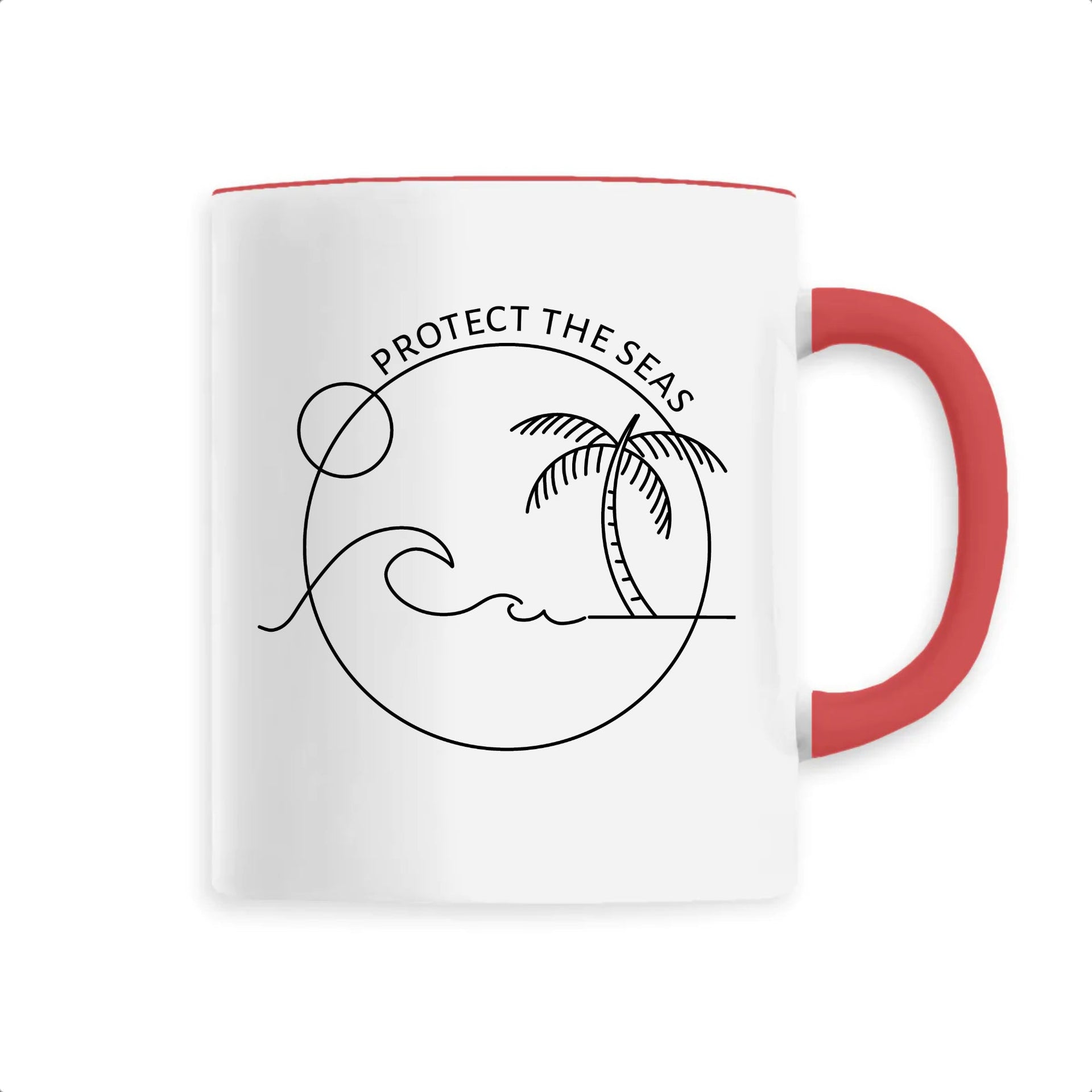 Eco-friendly mug with red handle, 'Protect the Seas' design