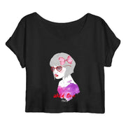 a black crop top with a picture of a woman wearing sunglasses