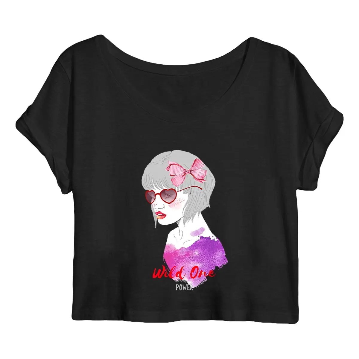 a black crop top with a picture of a woman wearing sunglasses