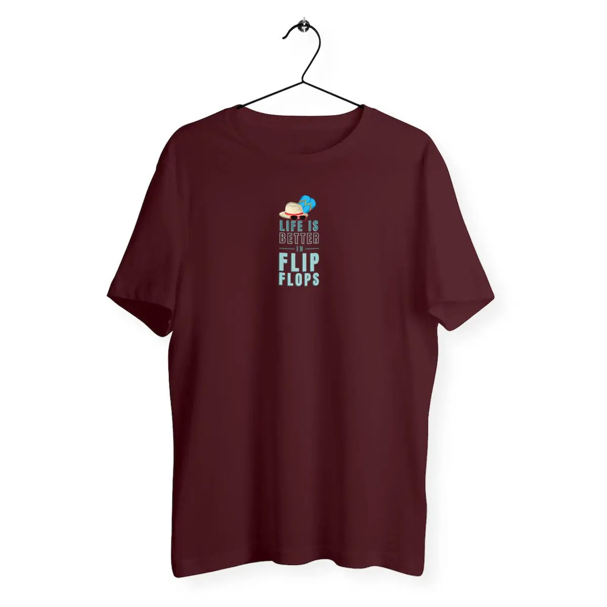 Maroon t-shirt with 'Life is Better on Flip Flops' design.