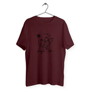 a maroon t - shirt hanging on a hanger