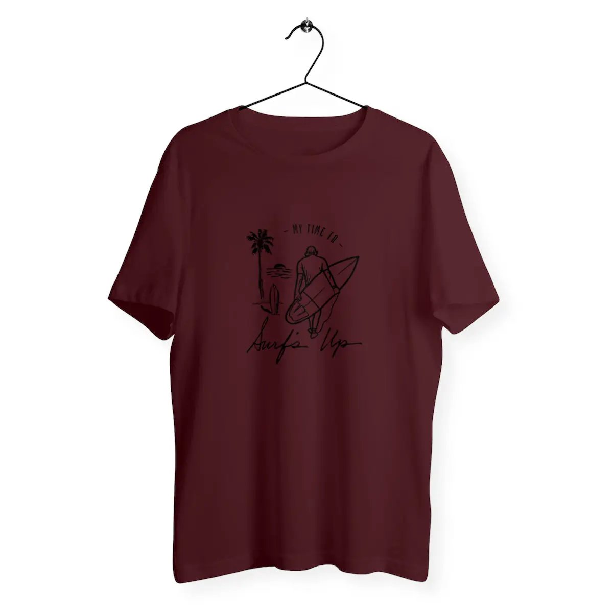 a maroon t - shirt hanging on a hanger