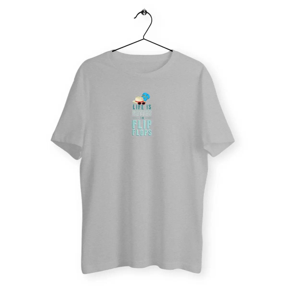 Gray t-shirt with 'Life is Better on Flip Flops' design.