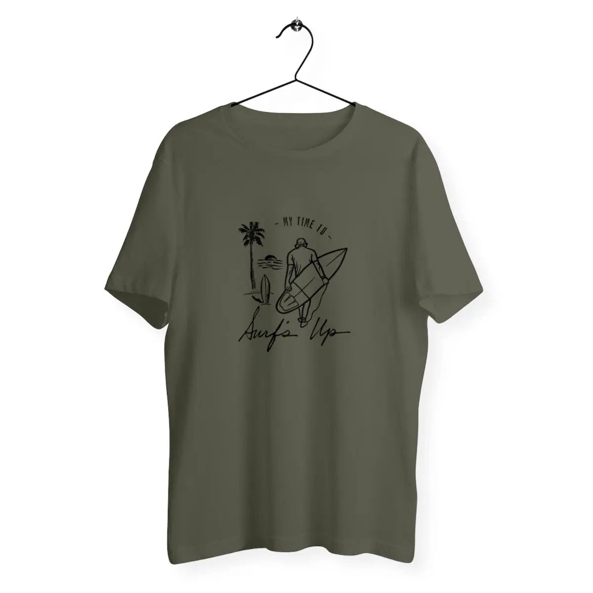 a green t - shirt with a picture of a surfer on it