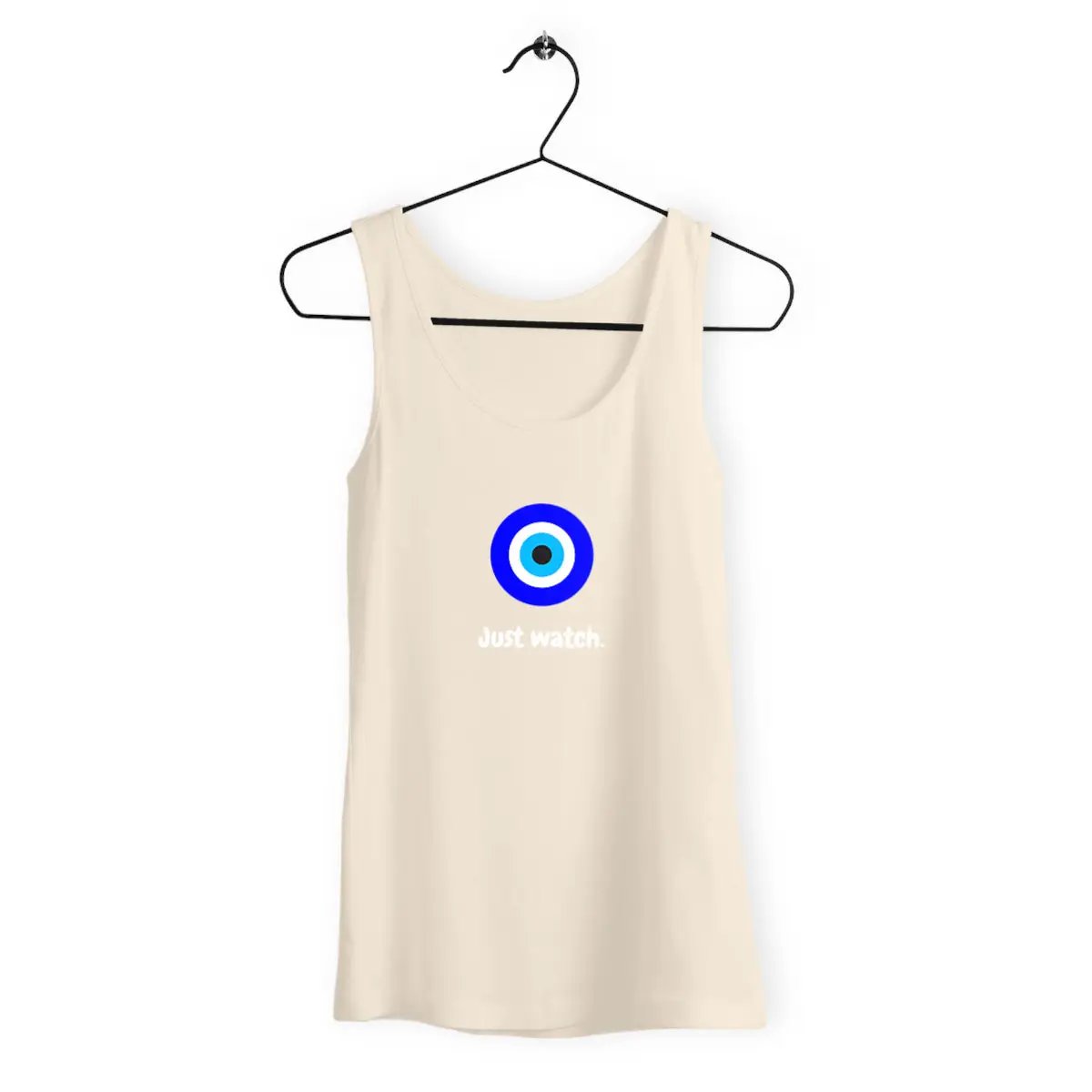 a white tank top with a blue circle on it