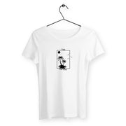 a white t - shirt hanging on a hanger