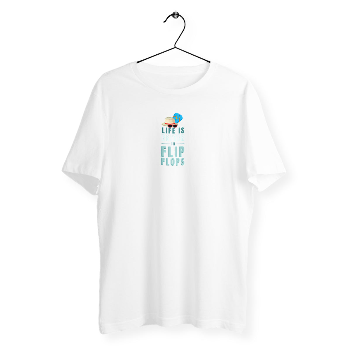 White t-shirt with 'Life is Better on Flip Flops' design.