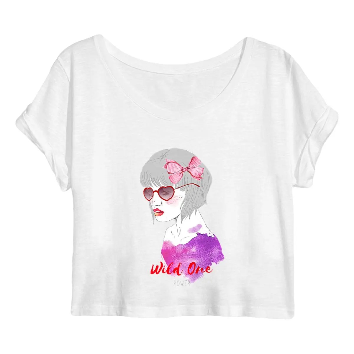 a women's crop top with a graphic of a woman wearing sunglasses